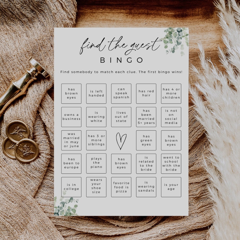 Greenery Find The Guest Bingo Game, Printable Bridal Shower Game, Editable Template, Instant Download, Edit In Canva, Boho Wedding Shower image 1