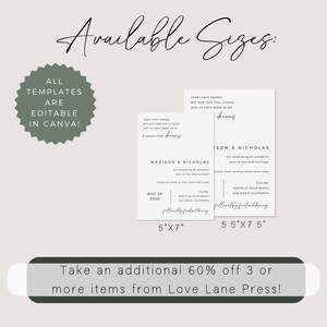 Puede incluir: Una estrella verde con el texto "ALL TEMPLATES ARE EDITABLE IN CANVA!"  Dos tarjetas blancas con texto negro. El texto en las tarjetas dice "YEARS HAVE PASSED BUT OUR LOVE STILL GLEAMS JOIN US ONCE MORE AS WE RENEW OUR DREAMS" y "MADISON & NICHOLAS celebran 20 maravillosos a&ntilde;os de amor y matrimonio. Acomp&aacute;&ntilde;elos mientras renuevan sus votos. AUG 28 2026 17:30 NORTH LA JOLLA BEACH SAN DIEGO, CALIFORNIA seguido de comida y baile". Las tarjetas est&aacute;n etiquetadas con los tama&ntilde;os "5" x "7" y "5,5" x "7,5".  El texto "Take an additional 60% off 3 or more items from Love Lane Press!" se muestra en un rect&aacute;ngulo verde.