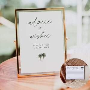 Conjunto de actividades de consejos y deseos con palmeras tropicales, tarjetas y letreros de consejos para bodas, juego para bodas de destino, plantilla de Canva totalmente editable
