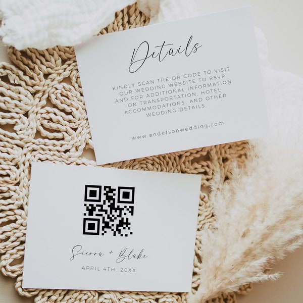 QR Code RSVP, Wedding Details Card, Enclosure Card Template, Modern Wedding Invitation Insert, QR Code, Instant Download, Editable Template