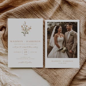 Herbst Wildblumen Hochzeit Foto-Einladung, bearbeitbare DIY Canva Vorlage, druckbare Hochzeitseinladung, minimalistische Herbstblume Einladungskarte