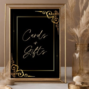 Art Deco Cards And Gifts Sign, Edytowalny szablon, Czarno-złote oznakowanie stołu z prezentami, Natychmiastowe pobieranie, DIY Gothic Wedding Papeteria