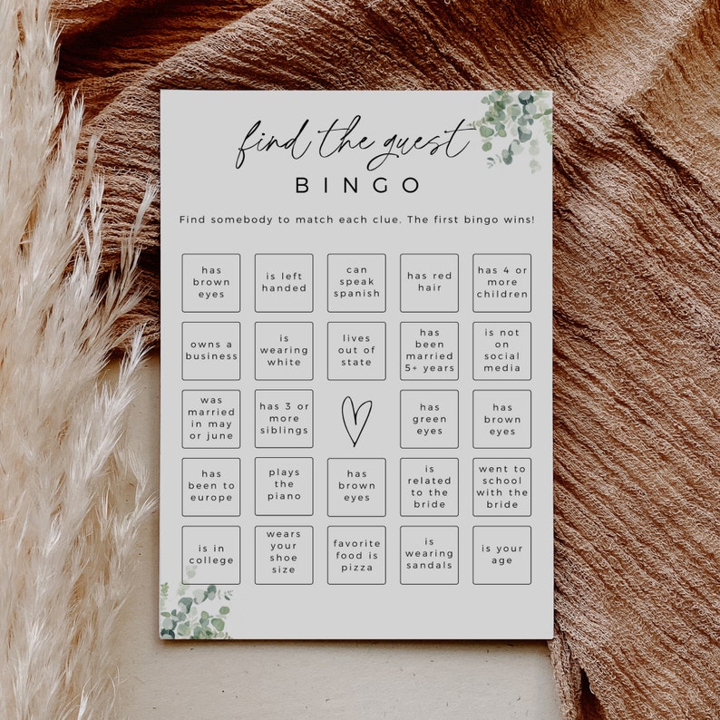 Greenery Find The Guest Bingo Game, Printable Bridal Shower Game, Editable Template, Instant Download, Edit In Canva, Boho Wedding Shower image 2