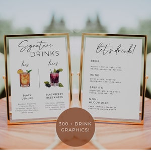 Enseigne de menu de boisson et de bar, Cocktails signature de mariage colorés, Boissons pour lui et pour elle, Modèle d'enseigne personnalisé, Bundle d'enseignes de mariage