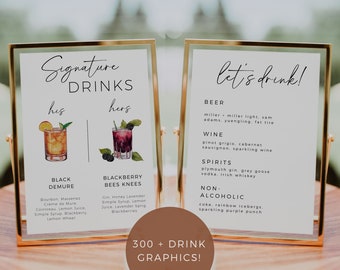 Menù per bevande e bar esclusivi, cocktail esclusivi colorati per matrimoni, drink per lui e per lei, modello di cartello personalizzato, pacchetto di cartelli per matrimoni
