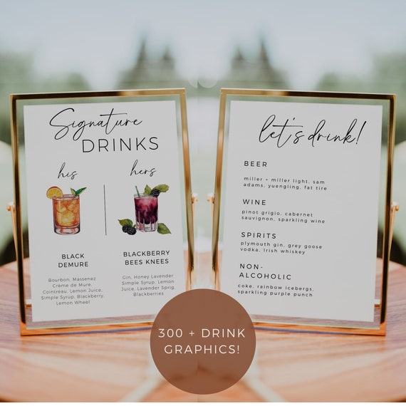 Signature Drink And Bar Menu Sign, Colorful Wedding Signature Cocktails, His And Hers Drinks, Custom Sign Template, Wedding Sign Bundle