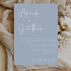 May include: A light blue wedding invitation card with white text. The card announces the wedding of Amanda and Jonathan on Sunday, June 21st. The invitation includes the wedding location: 1234 Ella Beach, Savannah, Georgia, 31302. The text "Reception to follow" is at the bottom of the card.