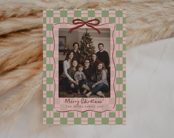 Plaid Family Holiday Greeting Card, Fully Editable Canva Template, Handwritten Christmas Photo Stationery, Printable Digital Seasonal Card