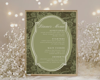 Modelo de cardápio vintage verde para jantar de casamento, elegante sinalização para cardápio de comidas, modelo totalmente editável para Canva, download instantâneo.