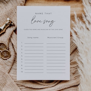 Minimalist Name The Love Song Game, Wedding Shower Game, Printable Bridal Shower Game, Modern Minimalist, Editable Template, Name The Tune