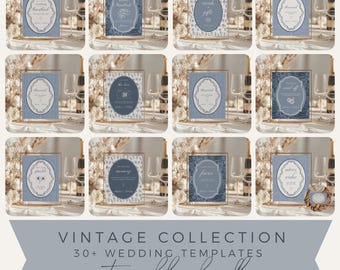 May include: A collection of blue and gold wedding templates with various text options, including "Wedding Guestbook" and "Cards & Gifts." The templates are arranged on a table with champagne flutes and floral arrangements. The text "Vintage Collection" is also visible.