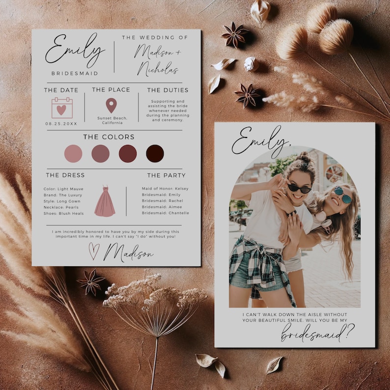 May include: A bridesmaid proposal card with a photo of two women smiling. The card has a pink and brown color scheme and the text "I can't walk down the aisle without your beautiful smile. Will you be my bridesmaid?"