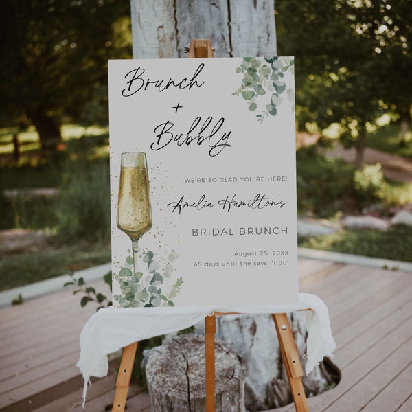 Brunch And Bubbly Bridal Shower Welcome Sign, Bridal Brunch Sign, Bridal Shower Welcome Sign Template, Printable Greenery Champagne Sign