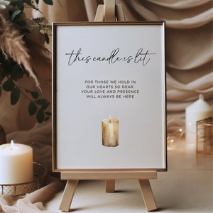 Op de afbeelding: Een wit bord met een gouden lijst op een houten ezel. Het bord zegt "this candle is lit" en heeft een aquarel-illustratie van een brandende kaars. De tekst onder de kaars luidt "For those we hold in our hearts so dear. Your love and presence will always be here."