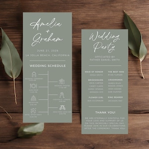 Peut inclure: Une carte d'information sur le programme de mariage et la fête avec un fond vert sauge. La carte présente les noms Amelia et Graham, la date du mariage et le lieu. Le programme comprend la cérémonie de mariage, le déjeuner, la réception, les photos de mariage, les cocktails et toasts, et un départ de jeunes mariés. Les informations sur la fête comprennent l'officiant, la demoiselle d'honneur, les demoiselles d'honneur, le témoin, les garçons d'honneur, la demoiselle d'honneur et le porteur d'alliances. La carte comprend également un message de remerciement aux invités.