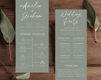 May include: A wedding schedule and party information card with a sage green background. The card features the names Amelia and Graham, the wedding date, and the location. The schedule includes the wedding ceremony, luncheon, reception, wedding photos, cocktails and toasts, and a newlywed send-off. The party information includes the officiant, maid of honor, bridesmaids, best man, groomsmen, flower girl, and ring bearer. The card also includes a thank you message to guests.