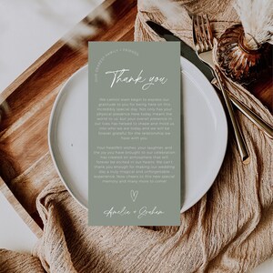 Cartões de agradecimento Sage Green, modelo de cartão de agradecimento para menu de casamento, agradecimento para impressão, nota de guardanapo, nota de configuração de local minimalista