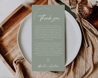 Sage Green Thank You Place Cards, Wedding Menu Thank You Card Template, Printable Thank You, Napkin Note, Minimalist Place Setting Note