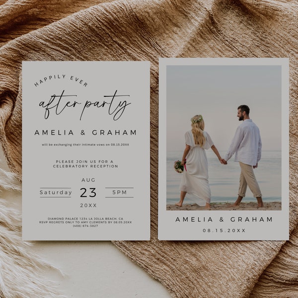 Minimalist Elopement Reception Invitation, Happily Ever After Party Invitation, Fully Editable Template, Digital Download, Edit In Canva