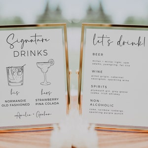 Signature Drink And Bar Menu Sign, Wedding Signature Cocktails, His And Hers Drinks, Minimalist Custom Drink Sign Template, Instant Download