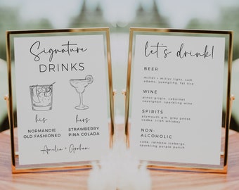 Signature Drink And Bar Menu Sign, Wedding Signature Cocktails, His And Hers Drinks, Minimalist Custom Drink Sign Template, Instant Download