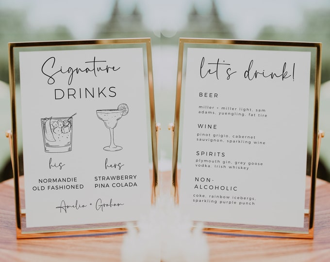 Modern Minimalist Script Wedding Signature Drinks. His and Hers ...