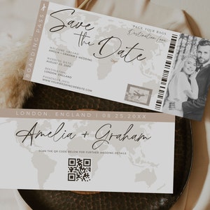 May include: A wedding invitation in the form of a boarding pass with a world map background. The text reads "Save the Date" and includes the couple's names, Amelia and Graham, the wedding date, and the destination, London, England. A QR code is included for further wedding details.