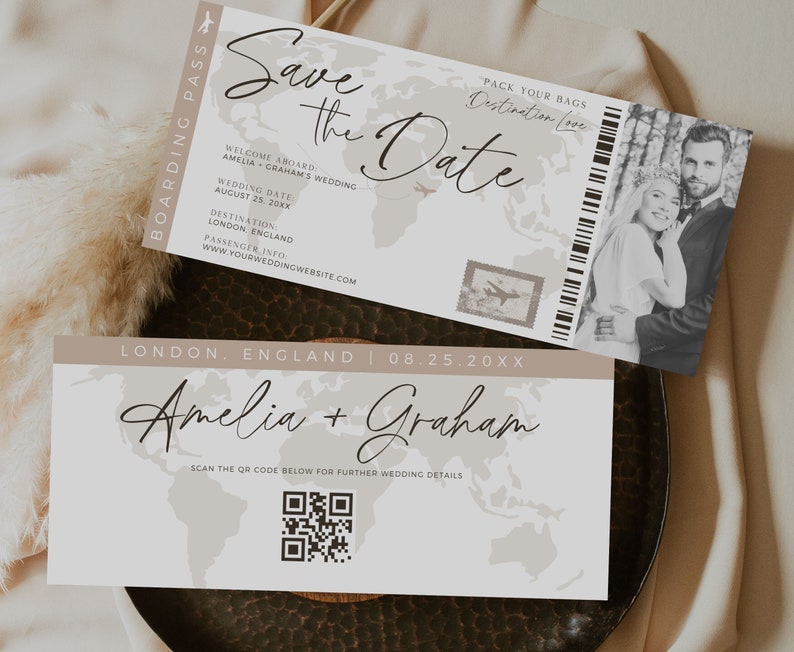 May include: A wedding invitation in the form of a boarding pass with a world map background. The text reads "Save the Date" and includes the couple's names, Amelia and Graham, the wedding date, and the destination, London, England. A QR code is included for further wedding details.