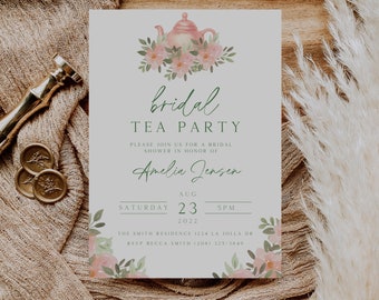 Tea Party Bridal Shower Invitation Template, Editable In Canva, Boho Bridal Shower Invitation, Instant Download, Pink Tea Party Invitation