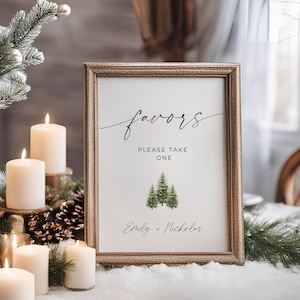 Letrero de pino de invierno para recuerdos de boda, plantilla de Canva totalmente editable para hacer uno mismo, decoración de recepción forestal, señalización para mesa de recuerdos, por favor, tómese uno