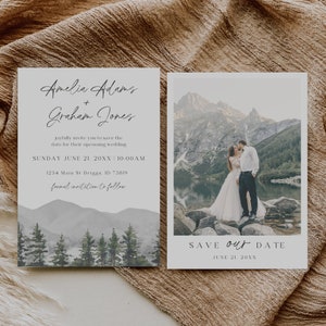Minimalist Mountain Wedding Save The Date, Editable Template, Outdoor Wedding, Rustic Forest Wedding Announcement, Photo Save The Date image 1