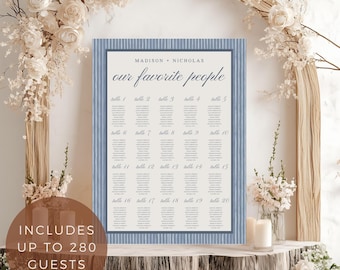 May include: A wedding seating chart with a blue striped border and the words "our favorite people." The chart lists table numbers and guest names. The image includes the text "Includes up to 280 guests."