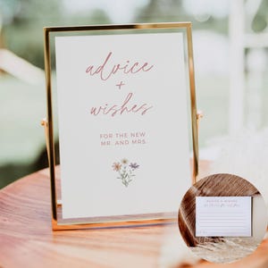 Minimalistische Wildblumen Ratschläge und Wünsche Vorlage, Hochzeitsratkarten und Schild, Canva Blumenspiel, bearbeitbare Blume Hochzeit Dusche Aktivität