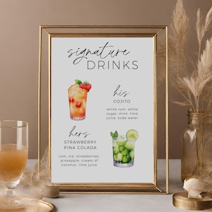 Enseigne pour boisson signature, boissons pour lui et pour elle, cocktails signature imprimables, carte des boissons signature, enseigne pour boisson de mariage bohème, modèle modifiable