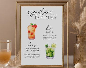 Signature Drink Sign, His And Hers Drinks, Printable Signature Cocktails, Signature Drink Menu, Boho Wedding Drink Sign, Editable Template