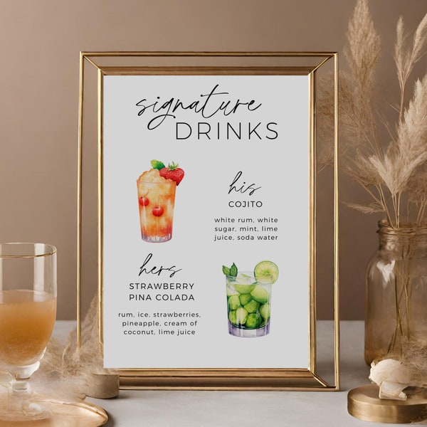 Signature Drink Sign, His And Hers Drinks, Printable Signature Cocktails, Signature Drink Menu, Boho Wedding Drink Sign, Editable Template