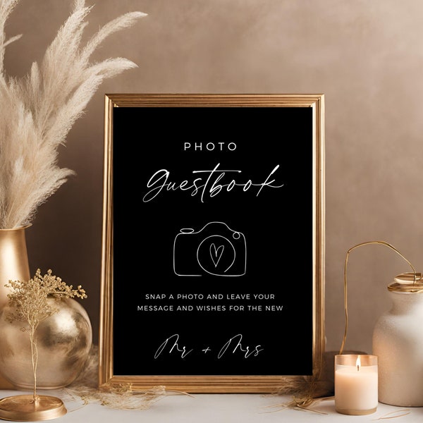 Black Polaroid Guest Book Sign, Modern Minimalist, Editable Template, Boho Wedding Sign, Photo Guestbook Sign, Photobooth Sign