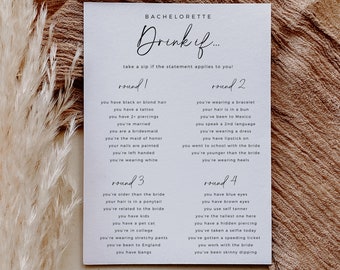 Drink If Bachelorette Game, volledig bewerkbare sjabloon, vrijgezellenfeest drinkspel, modern minimalistisch, digitale download, bewerken in Canva