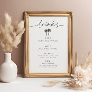 Enseigne de menu de bar palmier, enseigne de boisson pour mariage tropical, buvons modèle de menu cocktail, signalisation modifiable de bar de mariage, menu imprimable