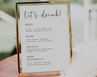 Wedding Bar Menu Sign, Modern Minimalist, Drink Menu, Custom Boho Wedding Sign, Wedding Cocktails Sign, Editable Template, Edit In Canva