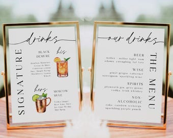 Minimalist Signature Drink & Bar Menu Sign Template, His and Hers Wedding Cocktails, Editable Canva Bundle, Printable Wedding Drink Signage
