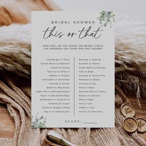 Greenery This Or That Game, Would She Rather, Printable Bridal Shower Game, Fully Editable Template, Modern Minimalist, Instant Download image 2