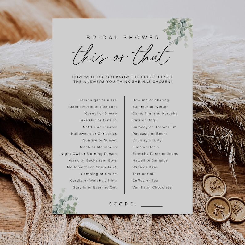 Greenery This Or That Game, Would She Rather, Printable Bridal Shower Game, Fully Editable Template, Modern Minimalist, Instant Download image 2