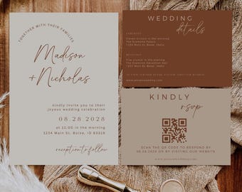 Fall Wedding Invitation Suite Template, Terracotta Invite, Editable Template, Printable Wedding Stationary, Bohemian Card Set, Burnt Orange