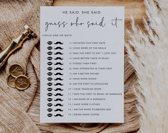 He Said She Said Game, Guess Who Said It, Bohemian Wedding Shower Game, Quiz The Groom, Bachelorette Party Game, Editable Template