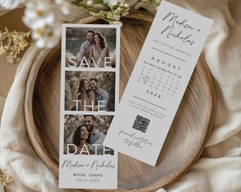 May include: Save the Date wedding announcement with a photo collage of a couple. The announcement includes the couple's names, Madison and Nicholas, the date August 21, 2028, and the location Boise, Idaho. The announcement also includes a calendar with the date of the wedding circled.
