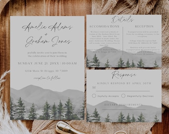 Minimalist Mountain Wedding Invitation Template, Outdoor Wedding, Rustic Forest Wedding Invite, Summer Wedding, Invitation Suite With Photo