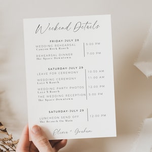 Wedding Weekend Itinerary, Wedding Timeline, Modern Minimalist, Wedding Welcome Bag Note, Wedding Weekend Schedule, Editable Template image 3