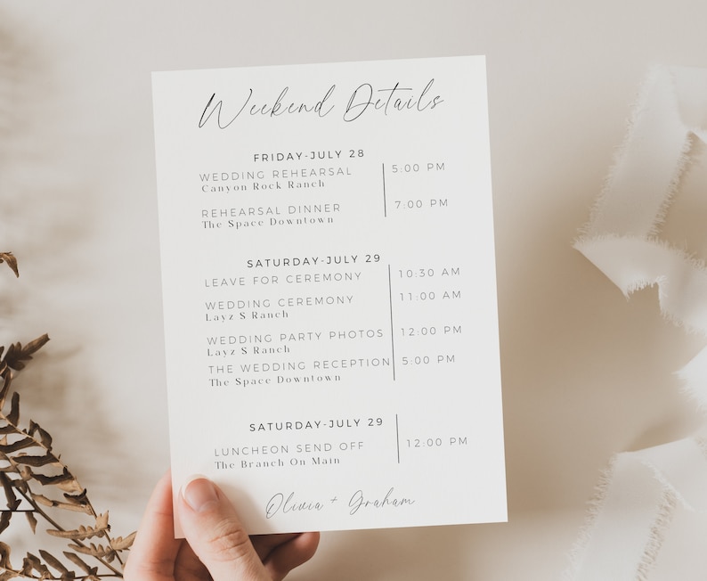 Wedding Weekend Itinerary, Wedding Timeline, Modern Minimalist, Wedding Welcome Bag Note, Wedding Weekend Schedule, Editable Template image 3