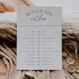 Would She Rather, Bridal Shower Game Template, Bachelorette Party, Printable Game, Who Knows The Bride Best, Minimalist Wedding Shower Game
